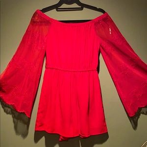 Off The Shoulder Red Mini Romp BELL LACE SLEEVE